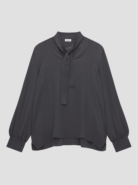 Charcoal Silk Tie Blouse